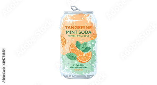 Summer tangerine mint soda can covered in frost and ice crystals
