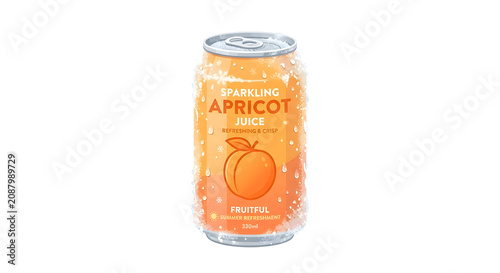 Summer refreshing sparkling apricot juice can with water drops