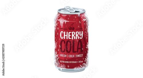 Summer cherry cola can covered in frost on a white background
