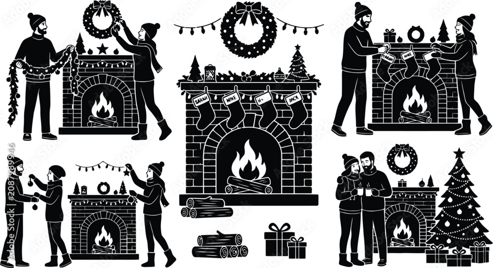 Fototapeta premium People decorating christmas fireplace and tree