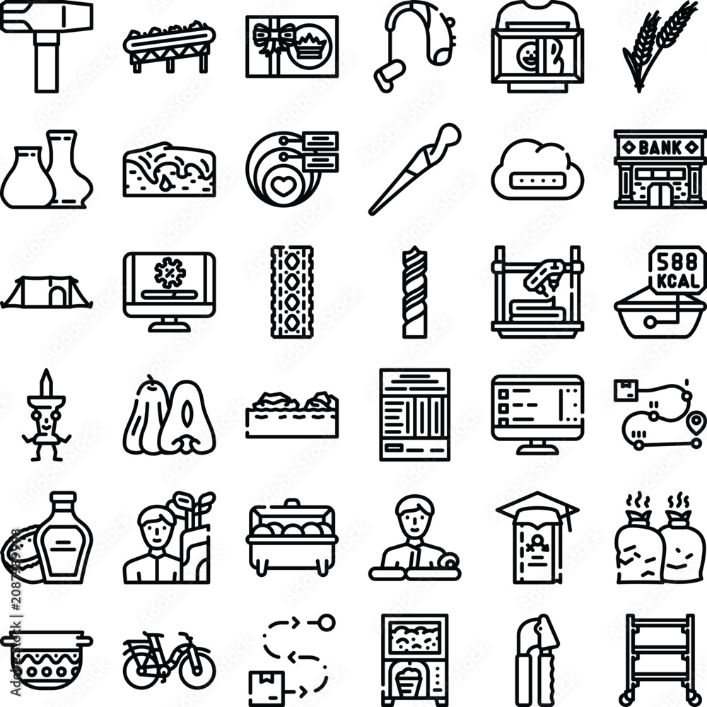 Fototapeta premium Line art icons presenting a wide range of objects and concepts, including banking, technology, food, health, travel, commerce, work, and everyday items, suitable for web and digital design