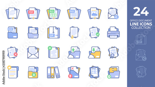 24 Office Document Line Icons Collection – File Management, Folder, PDF, DOC, XLS, ZIP, Print and Cloud Vector Set