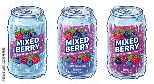 Summer mixed berry soda cans covered in frost and ice