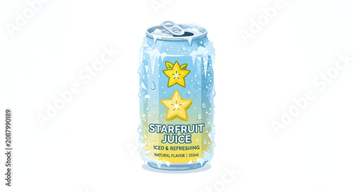 Summer iced starfruit juice can with frost and water droplets