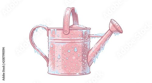 Summer pink metal watering can covered in frozen ice and frost