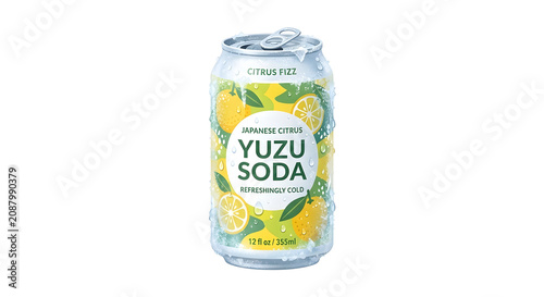 Summer yuzu soda can covered in refreshing ice cold droplets