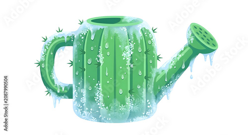 Summer cactus watering can covered in ice and frost crystals
