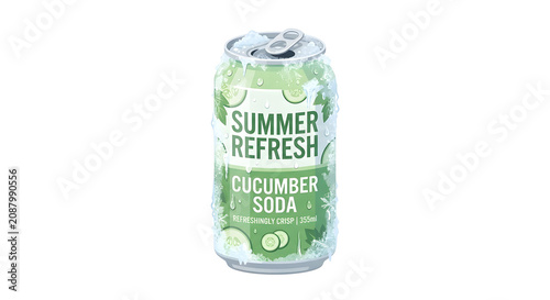 Summer refreshing cucumber soda can with ice and condensation