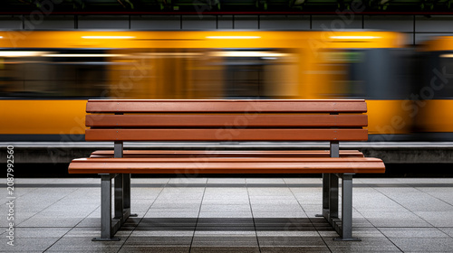 Subway platform bench remaining still as a yellow train passes with speed, creating a blur of motion, symbolizing stillness versus dynamism in urban transport