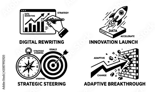 Digital transformation and strategic management bold line icons collection featuring innovation adaptation and corporate agility symbols vector
