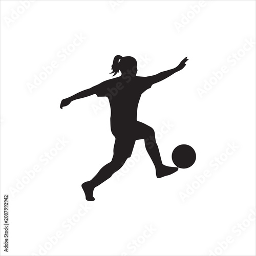 Dynamic black silhouette of a female soccer player kicking the ball in mid-air.
