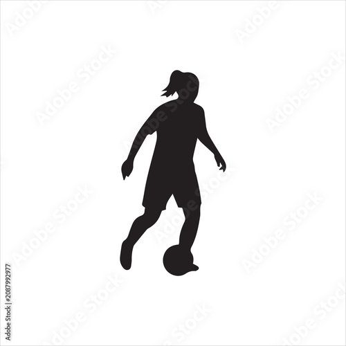 Silhouette of an active female soccer player dribbling the ball on a white background.