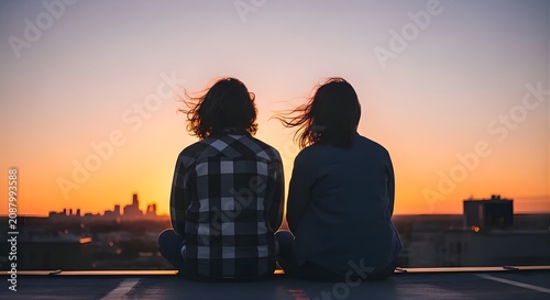 Two friends watching a beautiful sunset over a city skyline from a rooftop.