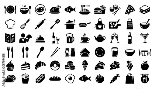 Schilderij op canvas Restaurant and Cooking Food Silhouette Vector Icon Set with Kitchen Utensils, Ma