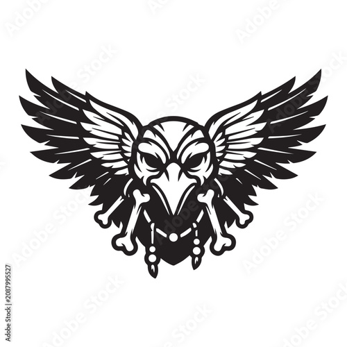 Black and white raven skull tribal emblem with bones.