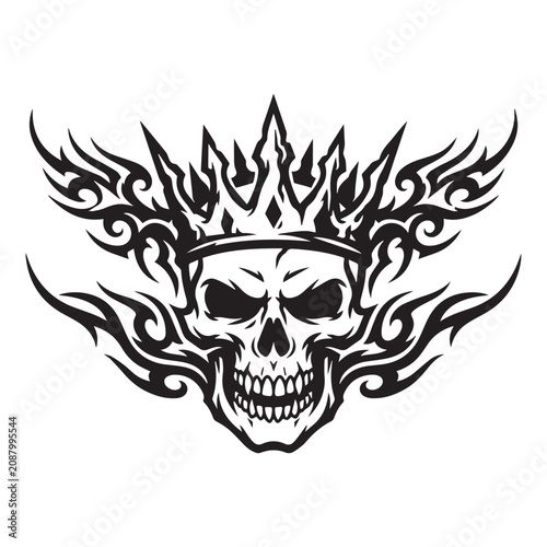 Black and white tribal skull with crown vector illustration.