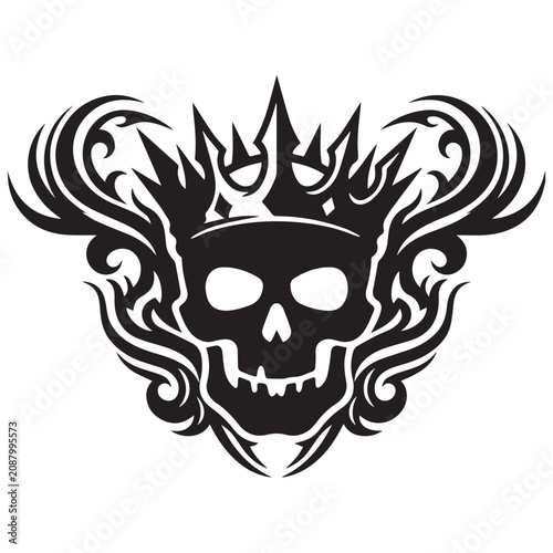 Black and white tribal tattoo design featuring a skull wearing a crown with ornate swirling flourishes.