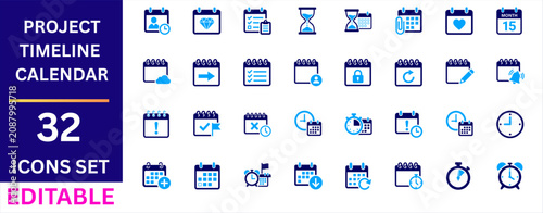 Project timeline calendar icon set. calendar planning, schedule management, deadline tracking and more. editable flat icon.