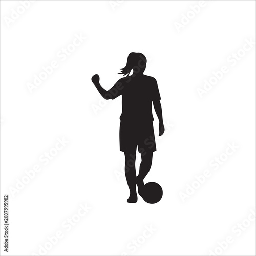 Vector silhouette of a female athlete posing proudly with a soccer ball under her foot.