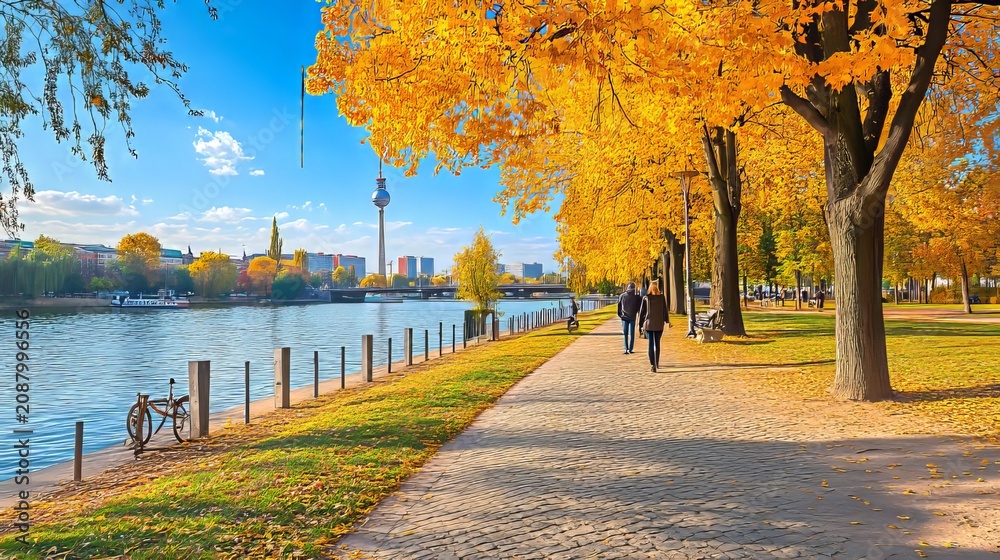 Naklejka premium Autumn landscape along the river with the television tower in Berlin Germany during the day time