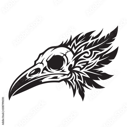Stylized Raven Skull with Tribal Feather Accents.