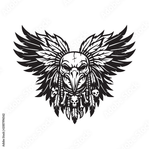 Tribal Crow Shaman Head Illustration.