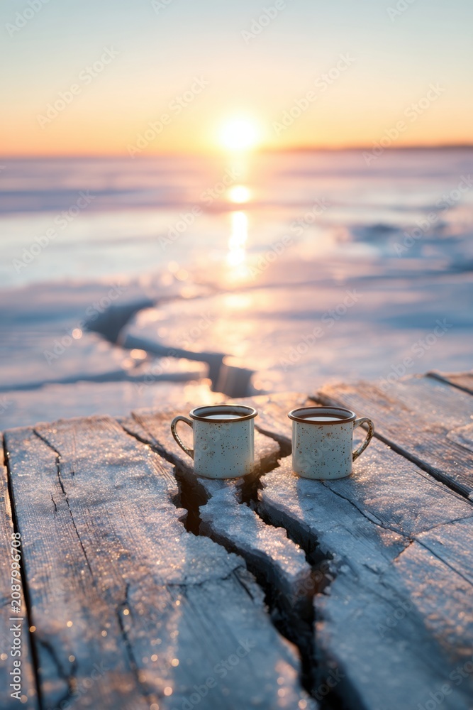 Fototapeta premium Romantic sunrise coffee cups on frozen wooden pier with soft pastel sea background for social media and morning mood posts