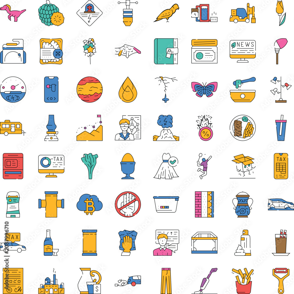 Fototapeta premium Large collection of colorful line icons on a white background, illustrating a wide range of business, finance, technology, nature, food, and daily life subjects