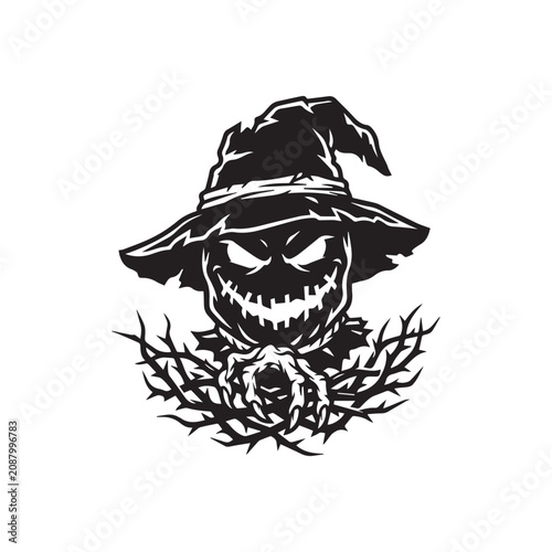 Scary Halloween Scarecrow Head with Witch Hat Vector Illustration.