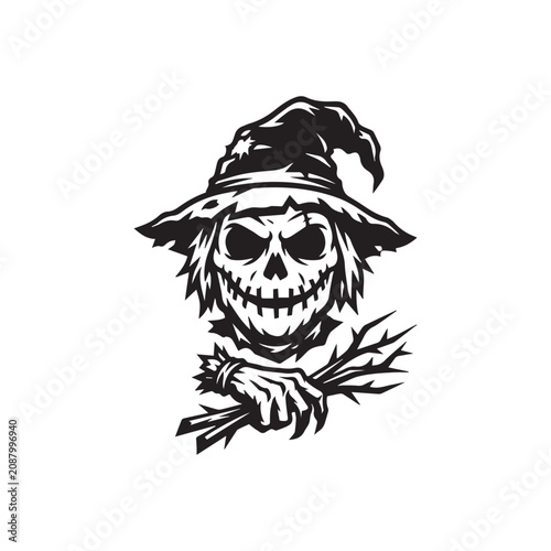 Scary scarecrow skull wearing a hat holding dry branches.