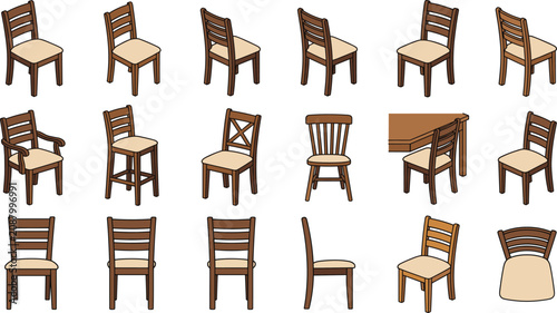 Billede på lærred Isometric Wooden Chair Vector Set with Dining Room Seats, Bar Stools, and Differ