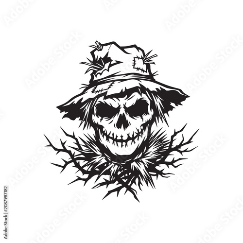 Spooky scarecrow skull head in a tattered hat vector illustration.
