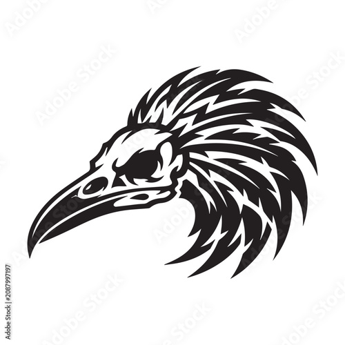 Stylized Bird Skull Illustration with Feathers.