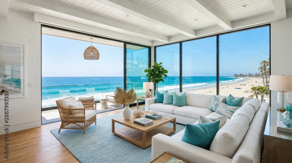 Fototapeta premium Coastal living room with ocean view, modern interior design