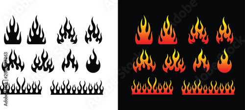 Konstfotografi Collection of fire flame vector elements isolated on black and white background