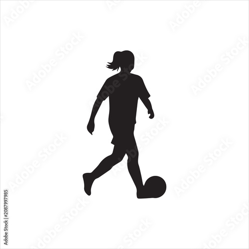 Black silhouette vector illustration of a female soccer player running and actively dribbling the football.