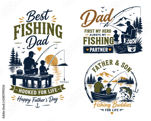 Best Fishing Dad Fathers Day T Shirt Design Vintage Father Son Lake Silhouette