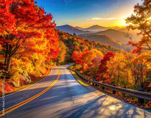 A scenic road winds through mountains ablaze with autumn foliage at sunset.