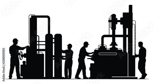 Canvastavla Industrial workers operating heavy machinery in a factory setting