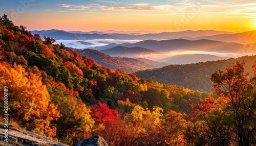 Autumn mountain vista at sunrise with vibrant foliage and misty valleys.