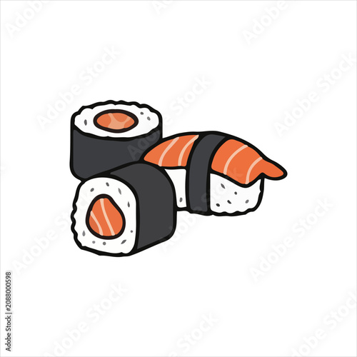 Delicious Japanese sushi vector illustration showing two fresh salmon maki rolls and one salmon nigiri piece.