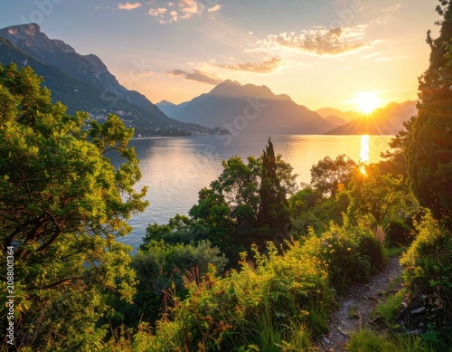 Golden sunset over a serene lake with lush green foliage in the foreground.