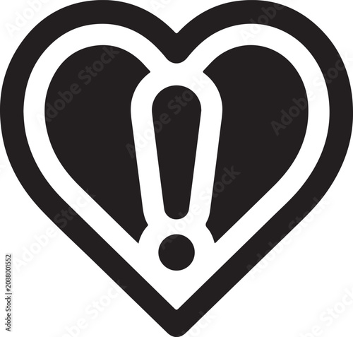 Black heart icon with an exclamation mark in the center representing medical heart alert and emergency cardiac warning