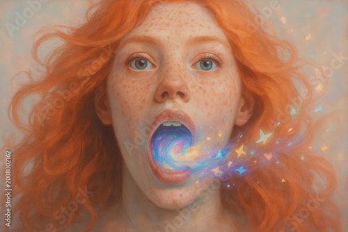 Artistic portrait of young woman with galaxy swirl emerging from mouth