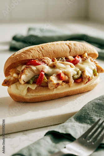 Delicious chicken philly cheesesteak sandwich with melted provolone cheese, sauteed peppers and onions on a hoagie roll