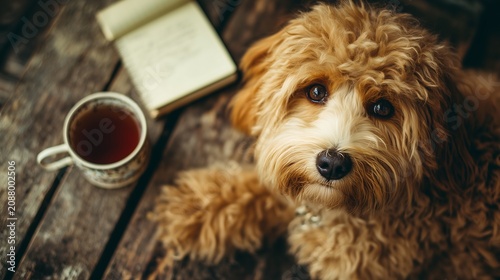 A photo of an adorable, fluffy puppy lying guard over a tea cup and a notebook.