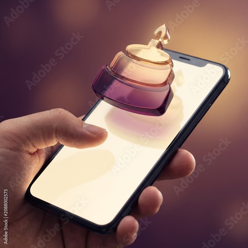 Innovative mobile finance concept showing 3D glass growth icon floating over smartphone held by hand.