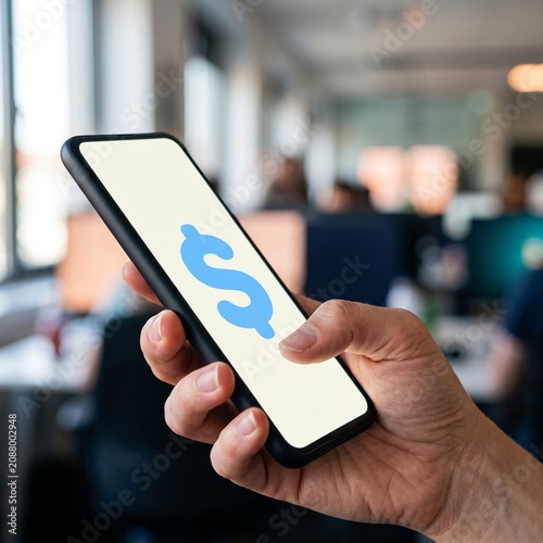 Hand holding smartphone with blue dollar icon in office; digital finance and business concept.