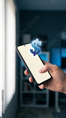 Hand holding smartphone with floating blue dollar icon in office setting, digital finance concept.