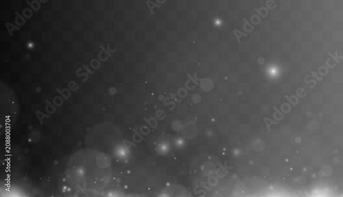 White snowfall creates a magical winter effect on a transparent background. Bright snow crystals add festive seasonal charm. Elegant glowing details enrich the vector illustration.